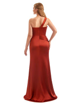 Unique Champagne Long One Shoulder Satin Bridesmaid Dresses