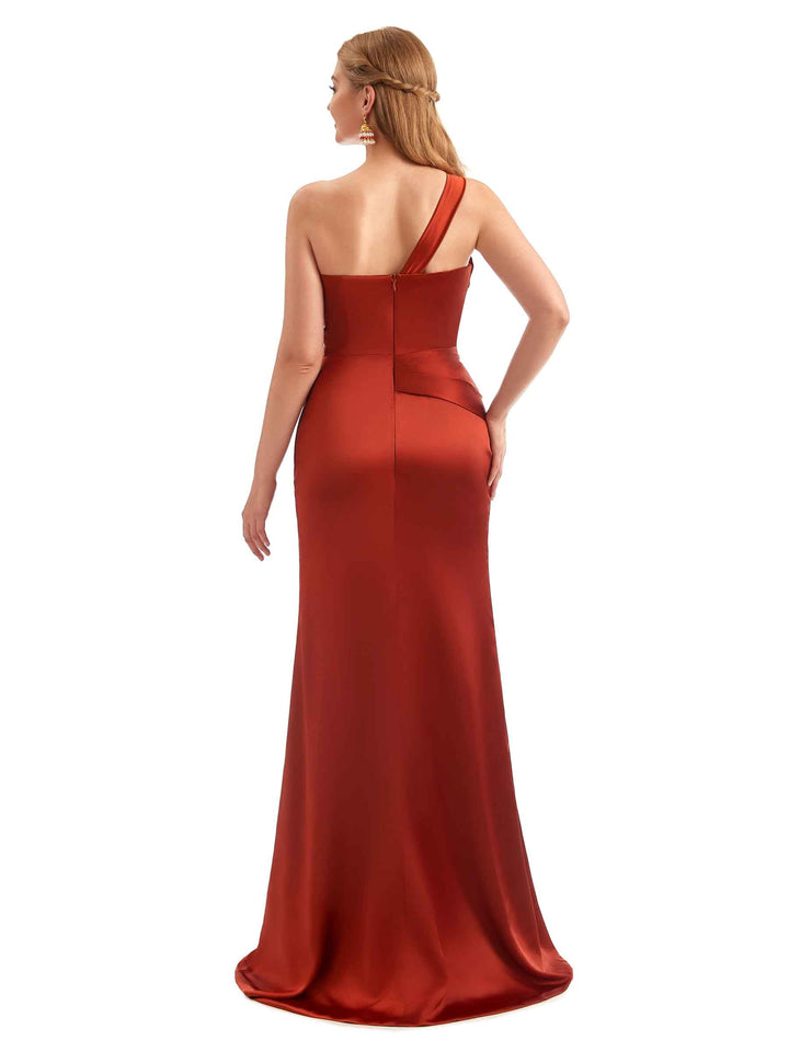 Unique Champagne Long One Shoulder Satin Bridesmaid Dresses