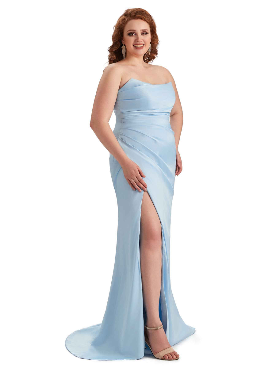 Plus Size Sexy Side Slit Strapless Mermaid Soft Satin Long Bridesmaid Dresses For Wedding