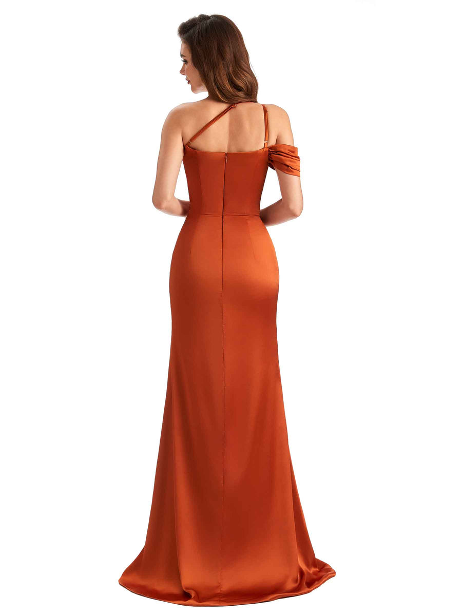 Sexy Side Slit Mermaid Soft Satin One Shoulder Long Unique Bridesmaid Dresses