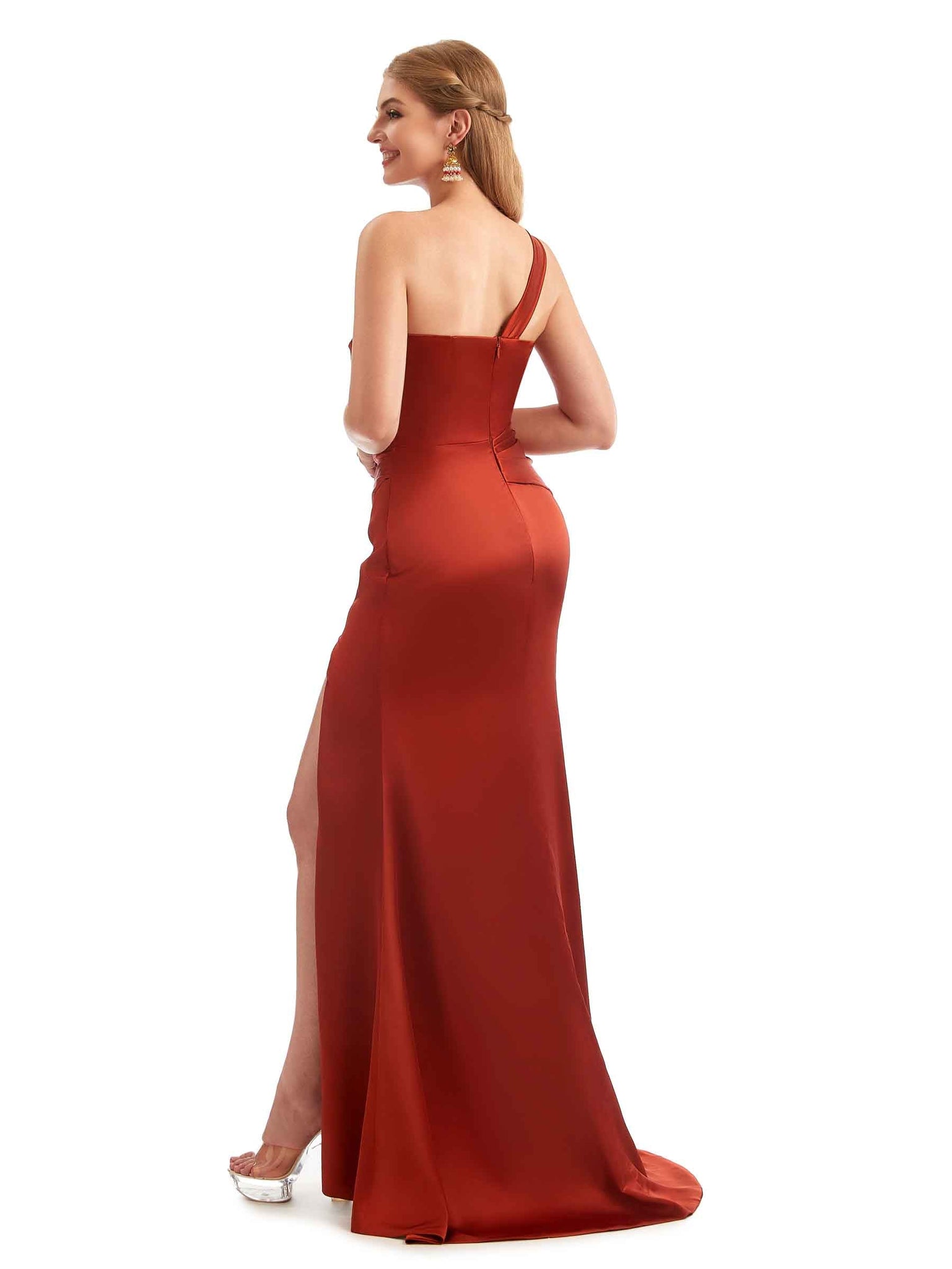 Unique Spring Long One Shoulder Satin Bridesmaid Dresses