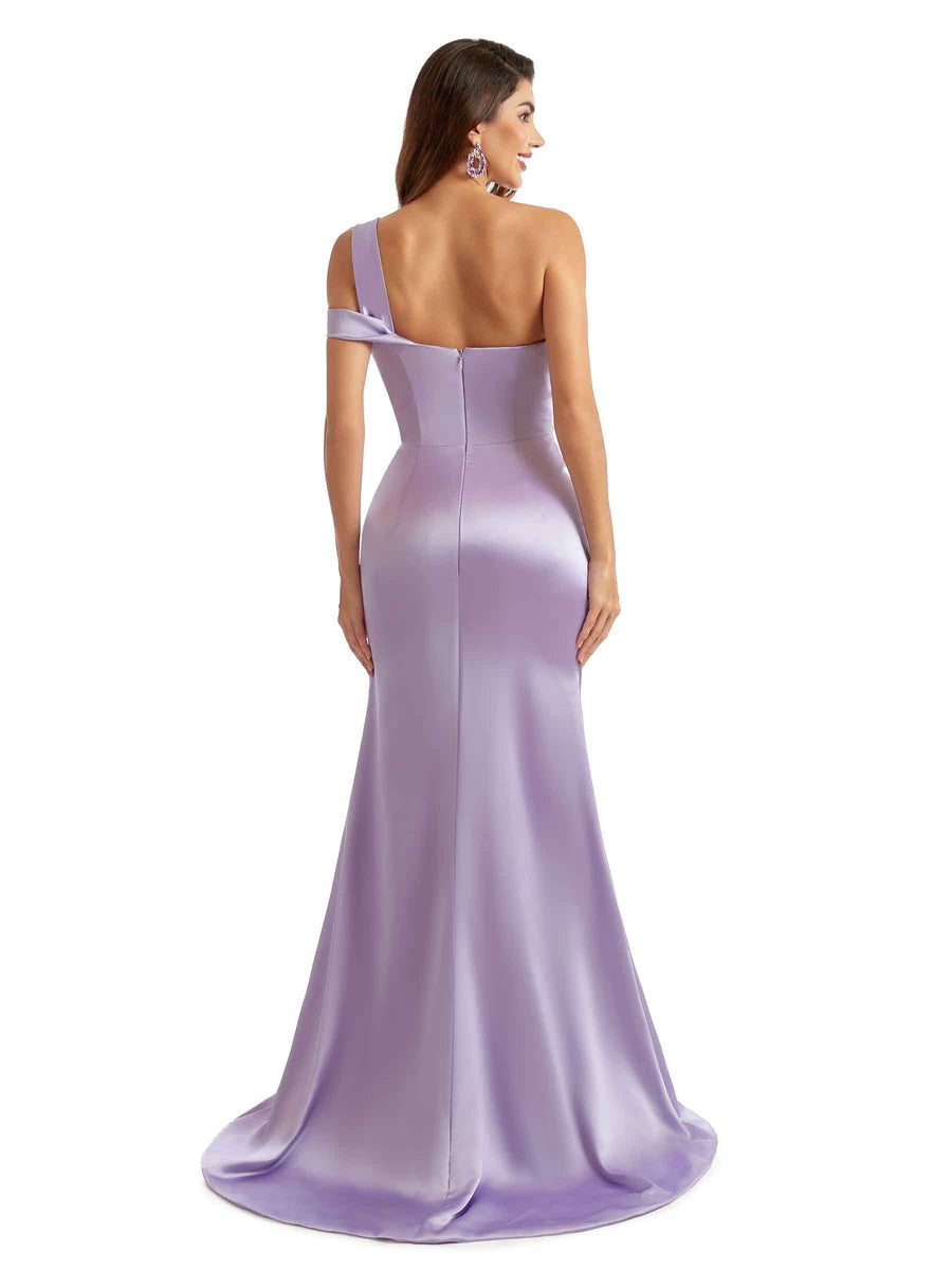 Sexy One Shoulder Mermaid Stretch Satin Bridesmaid Dresses Slit Online
