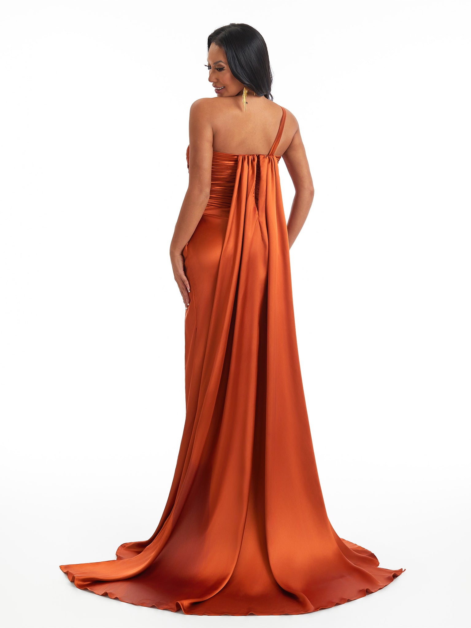 Sexy One Shoulder Ruched Side Slit Mermaid Soft Satin Long Bridesmaid Dresses Online