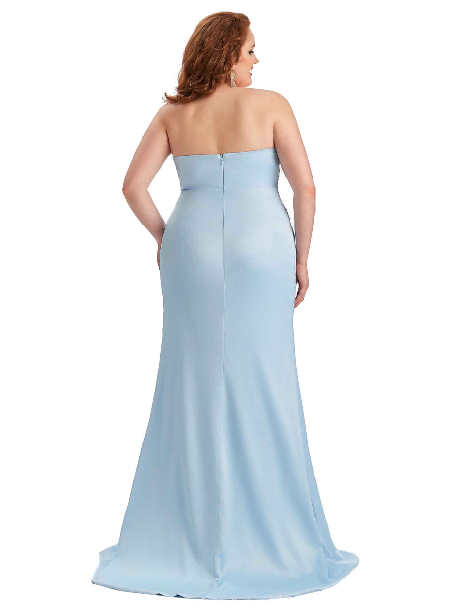 Plus Size Sexy Side Slit Strapless Mermaid Soft Satin Long Bridesmaid Dresses For Wedding