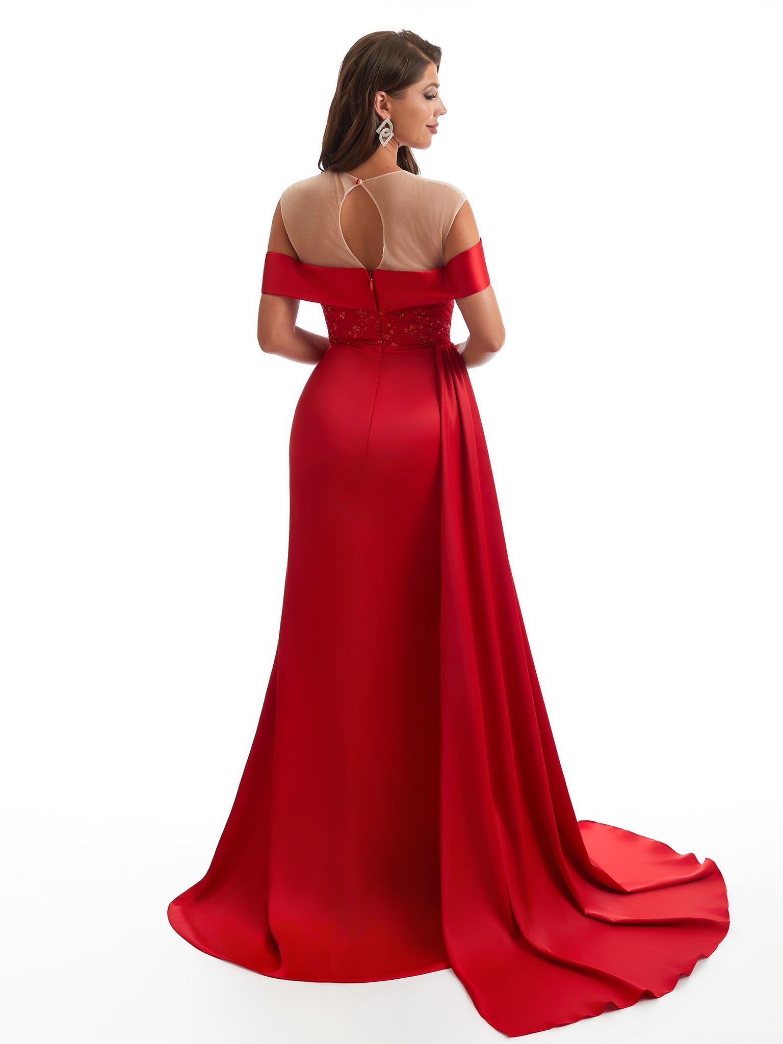 Sexy Off The Shoulder Illusion Side Slit Mermaid Satin Ruched Unique Long Bridesmaid Dresses