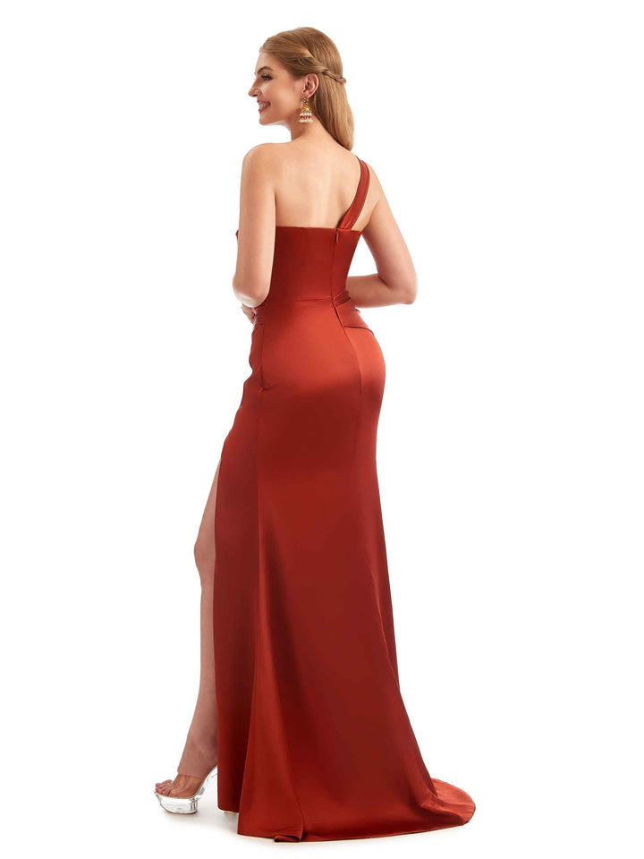 Unique Black Long One Shoulder Satin Bridesmaid Dresses