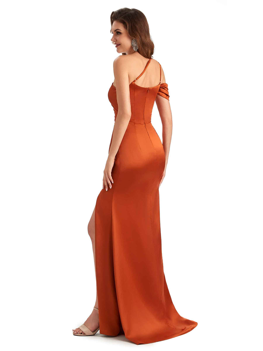 Sexy Side Slit Mermaid Soft Satin One Shoulder Long Unique Bridesmaid Dresses