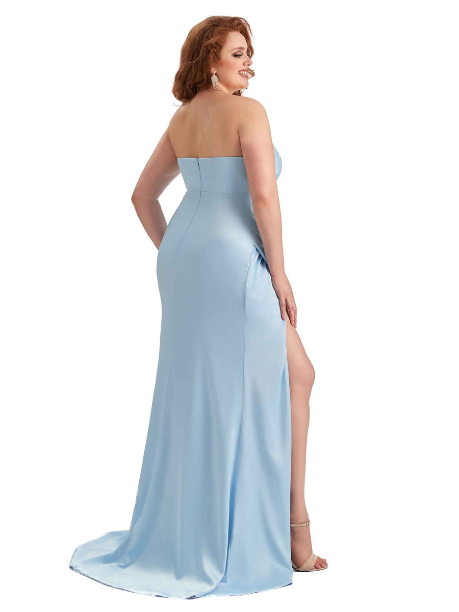 Plus Size Sexy Side Slit Strapless Mermaid Soft Satin Long Bridesmaid Dresses For Wedding