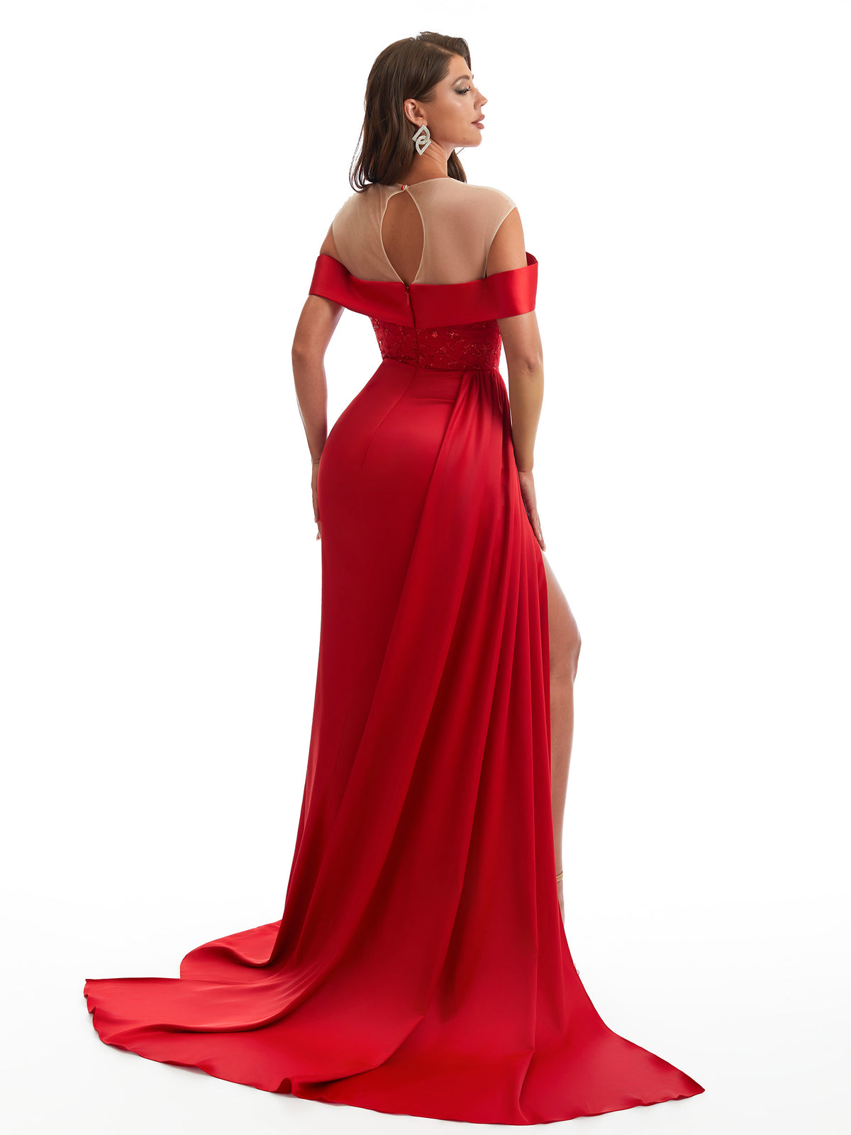 Sexy Off The Shoulder Illusion Side Slit Mermaid Satin Ruched Unique Long Bridesmaid Dresses