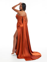 Sexy One Shoulder Ruched Side Slit Mermaid Soft Satin Long Bridesmaid Dresses Online