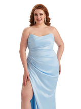 Plus Size Sexy Side Slit Strapless Mermaid Soft Satin Long Bridesmaid Dresses For Wedding