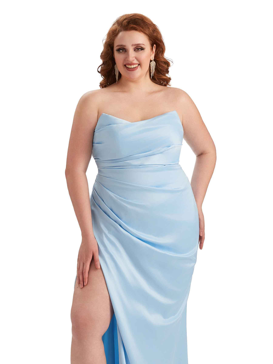Plus Size Sexy Side Slit Strapless Mermaid Soft Satin Long Bridesmaid Dresses For Wedding