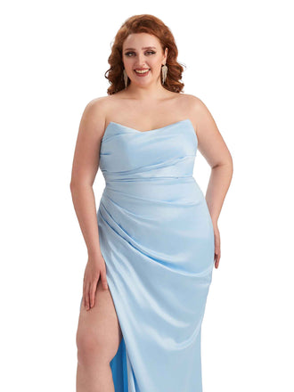Sexy Side Slit Strapless Mermaid Soft Satin Long Plus Size Bridesmaid Dresses For Wedding