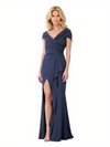 Elegant Chiffon Cap Sleeves V-Neck Side Slit A-Line Ruffle Long Mother Of The Bride Dresses
