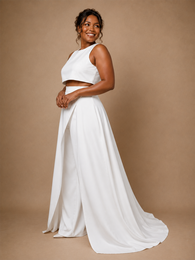 ChicSew Modern Unique Sleeveless Two-Piece Crepe Floor-Length Wedding Pantsuit With Overskirt