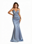 Elegant Spaghetti Straps V-Neck Mermaid Silky Satin Long Formal Dresses For Women