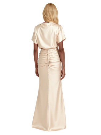 Elegant Short Sleeves Soft Satin Side Slit Long Mother of the Brides Dresses