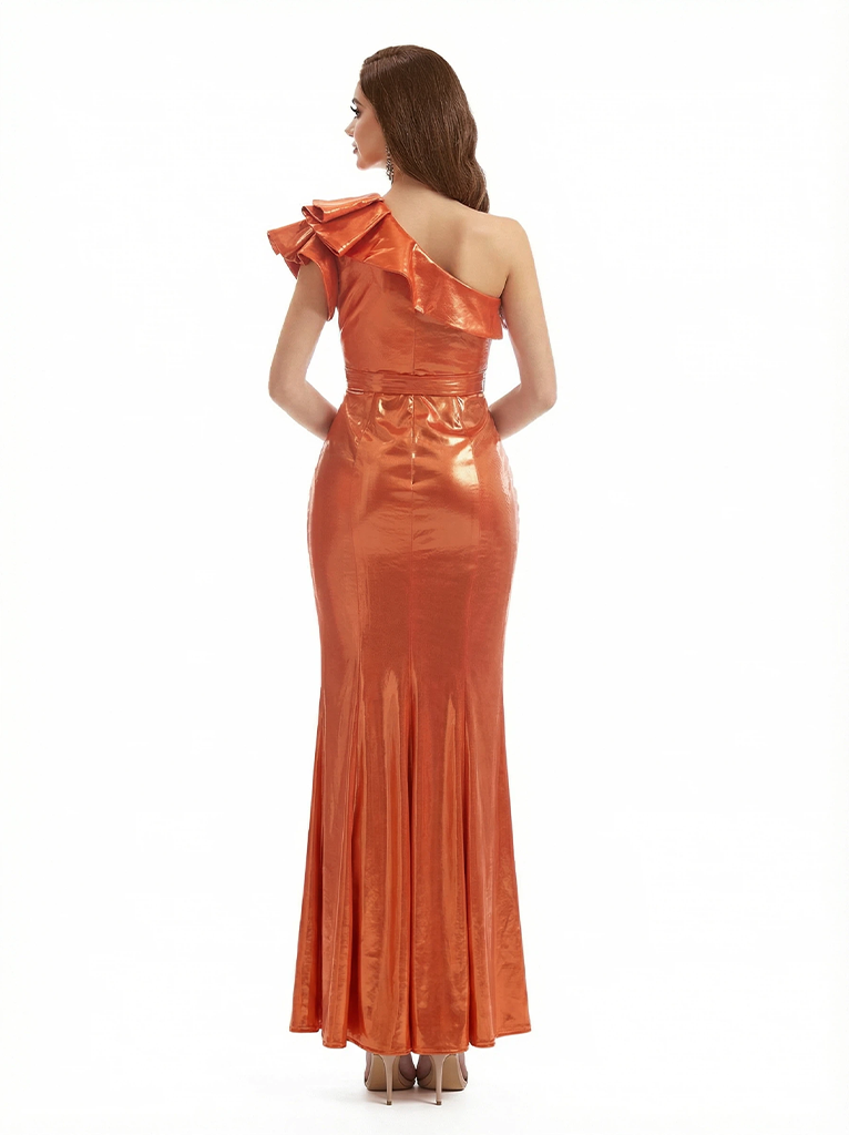 Sexy One Shoulder Mermaid Metallic Shiny Fabric Long Formal Dresses