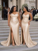 ChicSew Sexy Spaghetti Straps Side Slit Mermaid Soft Satin Maxi Long Bridesmaid Dresses