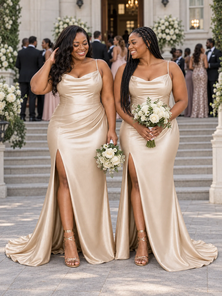 ChicSew Sexy Spaghetti Straps Side Slit Mermaid Soft Satin Maxi Long Bridesmaid Dresses