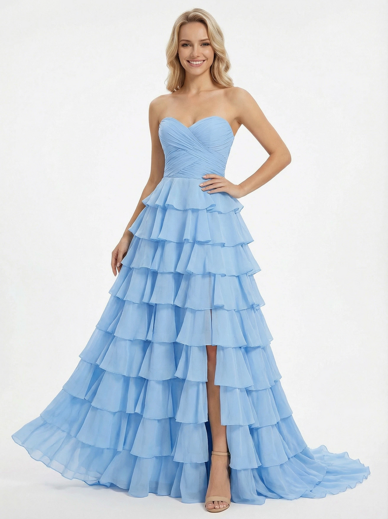 Fancy Sweetheart A-Line Tiered Chiffon Ball Gown with Crisscross Bodice and Side Slit