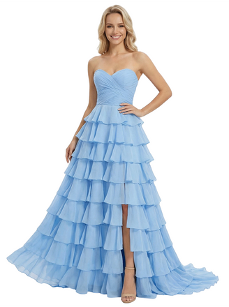 ChicSew Fancy Strapless Sweetheart Prom Gown Ruched Bodice Tiered Chiffon Ball Gown Floor Length Formal Evening Dress