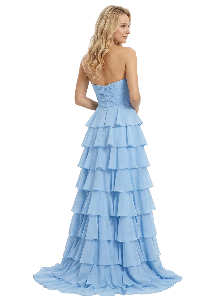 ChicSew Fancy Strapless Sweetheart Prom Gown Ruched Bodice Tiered Chiffon Ball Gown Floor Length Formal Evening Dress