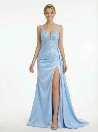 Exquisite Lace Bodice Side Slit Satin Floor Length Gown Sexy Strappy V Neck Party Dress