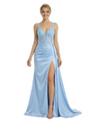 ChicSew Fancy V-Neck Corset Lace Ruched Satin Mermaid Floor Length Formal Evening Gown