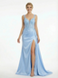 Exquisite Lace Bodice Side Slit Satin Floor Length Gown Sexy Strappy V Neck Party Dress