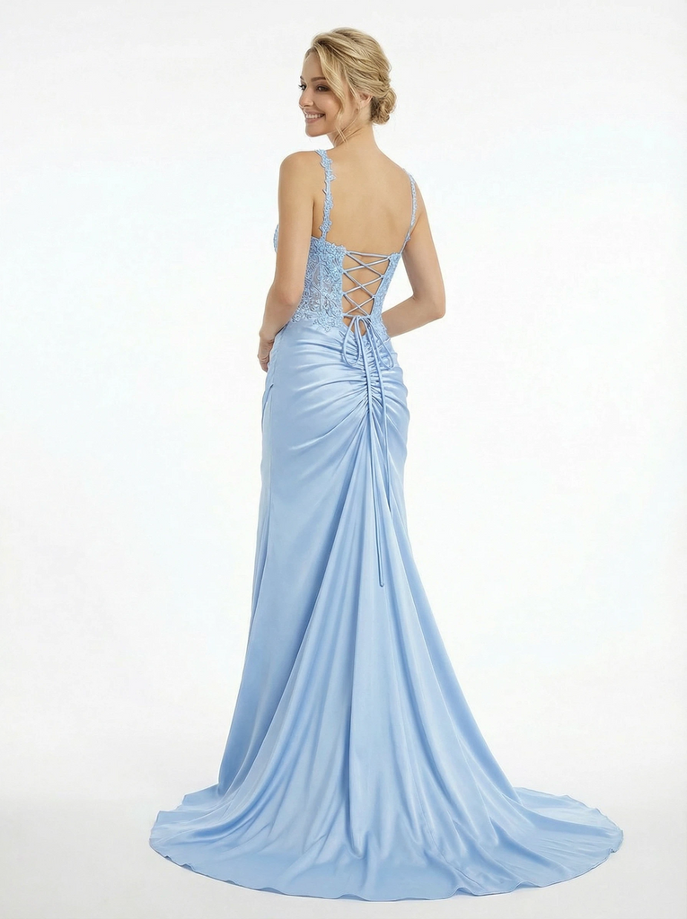 Exquisite Lace Bodice Side Slit Satin Floor Length Gown Sexy Strappy V Neck Party Dress