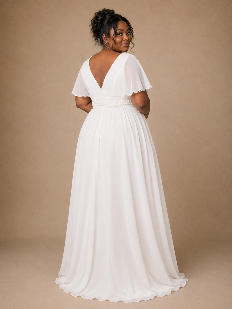 ChicSew Elegant V-Neck Chiffon Flutter Sleeves A-Line Floor-Length Wedding Dress