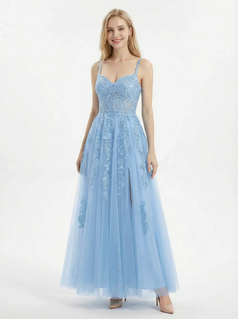 Charming Floral Applique A-Line Tulle Gown Romantic Sweetheart Neck Slit Prom Dress