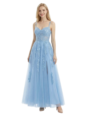 Charming Lace A-Line Tulle Gown Romantic Formal Prom Dress Slit