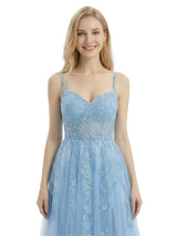 Charming Lace A-Line Tulle Gown Romantic Formal Prom Dress Slit