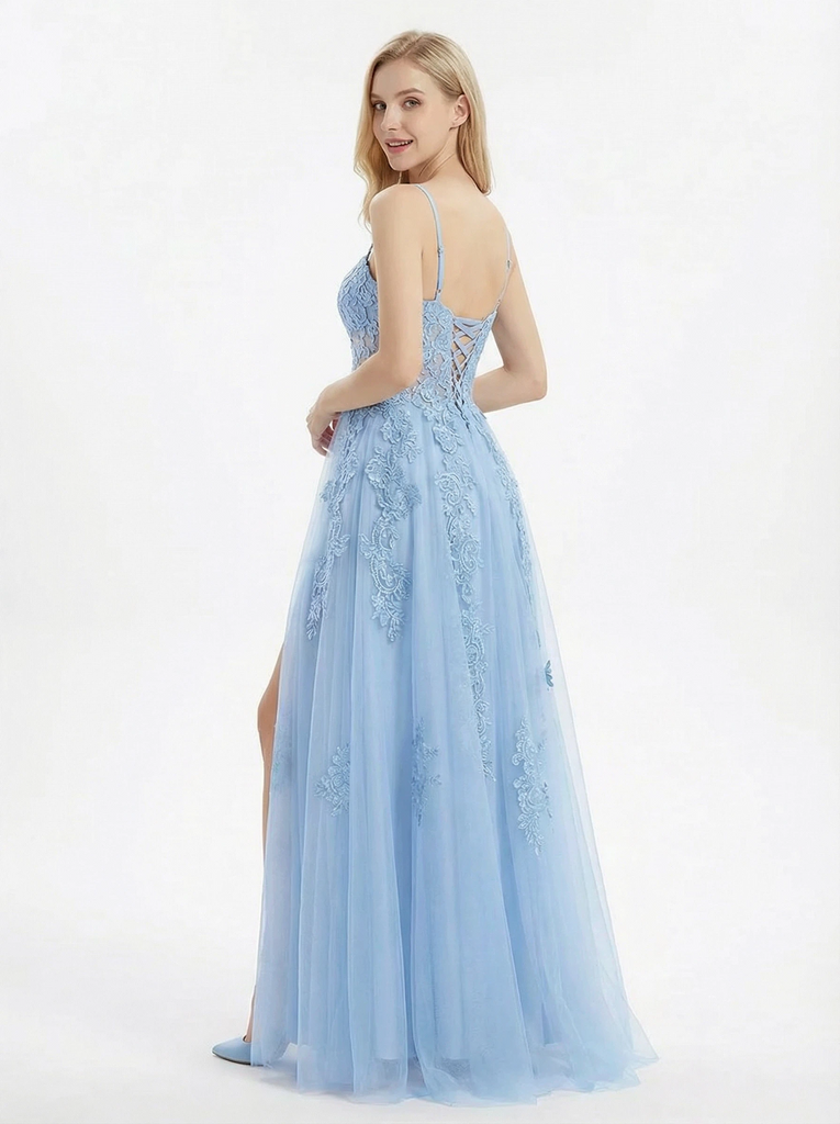 Charming Floral Applique A-Line Tulle Gown Romantic Sweetheart Neck Slit Prom Dress