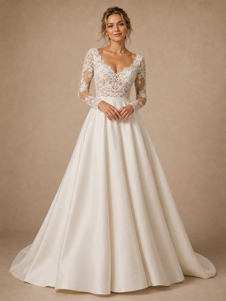 ChicSew Classy Elegant V-Neck Long Sleeves A-Line Lace Satin Floor-Length Wedding Dress