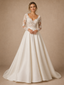 ChicSew Classy Elegant V-Neck Long Sleeves A-Line Lace Satin Floor-Length Wedding Dress