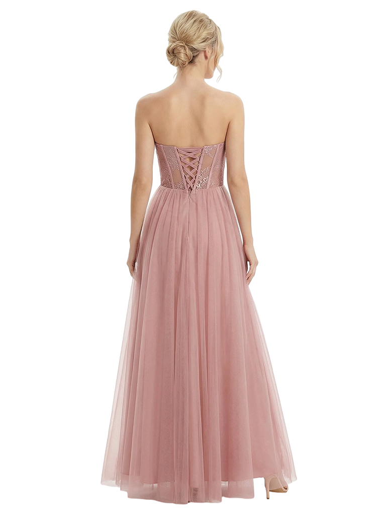 ChicSew Elegant Strapless Sweetheart Prom Dress Lace Applique Tulle A-Line Silhouette Floor Length Formal Evening Gown