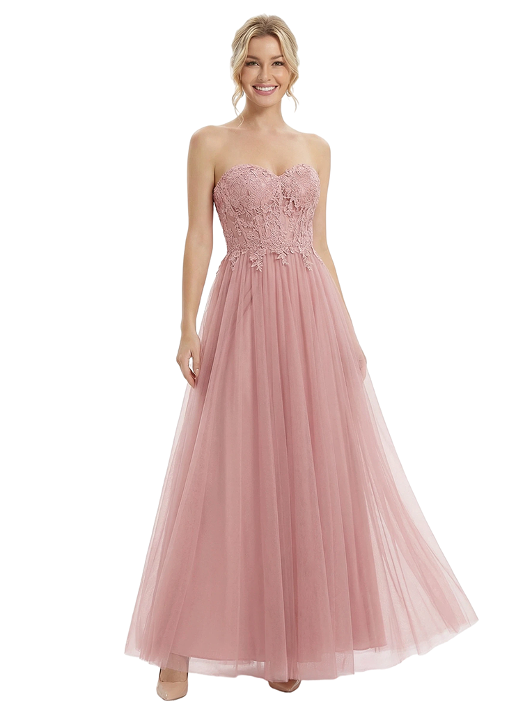ChicSew Elegant Strapless Sweetheart Prom Dress Lace Applique Tulle A-Line Silhouette Floor Length Formal Evening Gown