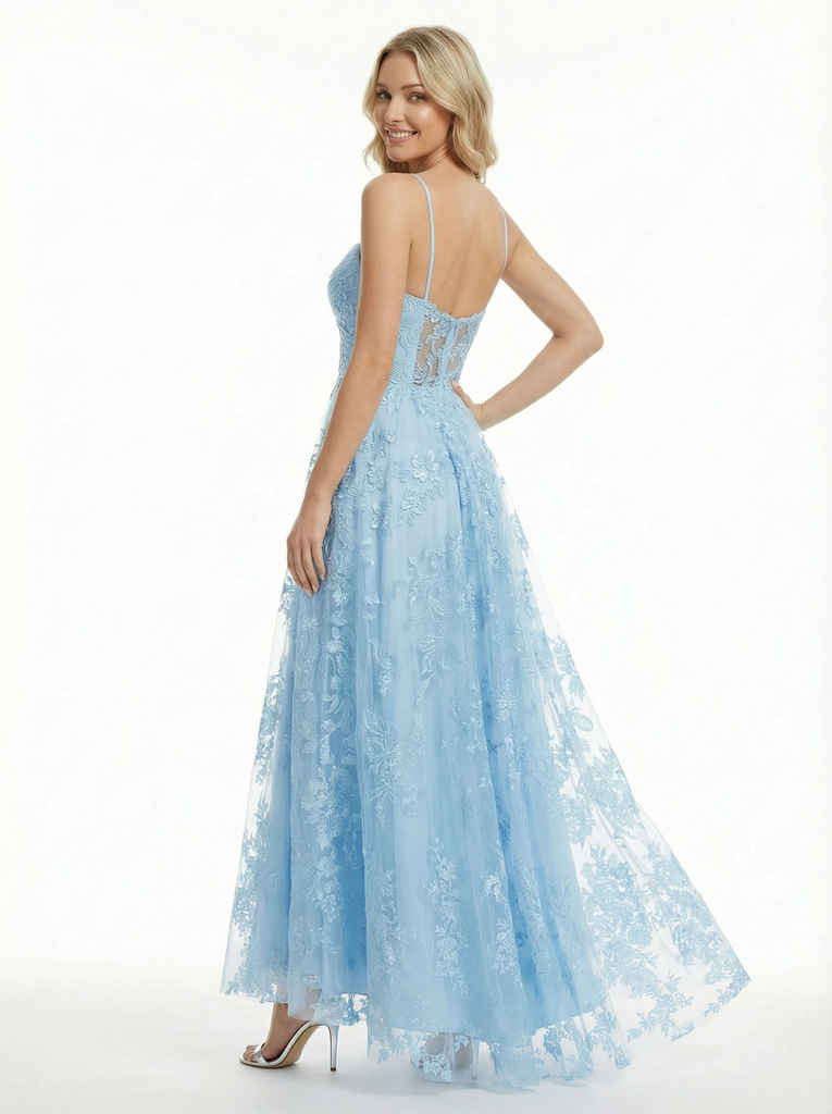 Elegant Ruched Lace Tulle A-Line Gown Delicate Sweetheart Neck Sleeveless Formal Dress