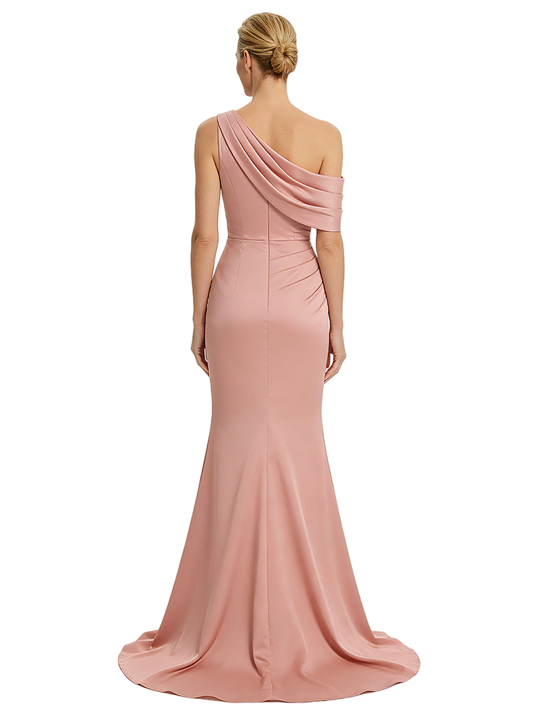 Modern Asymmetrical Mother Of The Groom Gown Satin Ruched Evening Dress With Side Slit