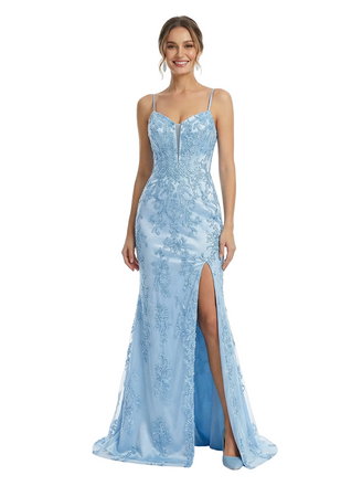 Fancy Lace Satin Mermaid Formal Gown Sexy High Slit Sweetheart Neck Prom Dress