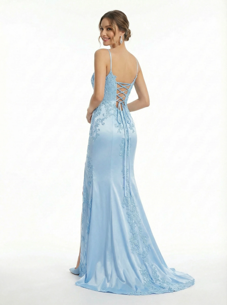 Fancy Embroidered Lace Satin Sheath Gown Sexy High Slit Sweetheart Neck Prom Dress