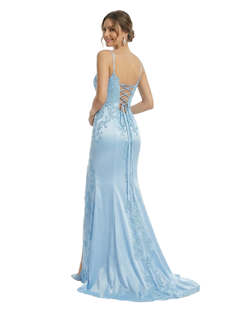 Fancy Lace Satin Mermaid Formal Gown Sexy High Slit Sweetheart Neck Prom Dress
