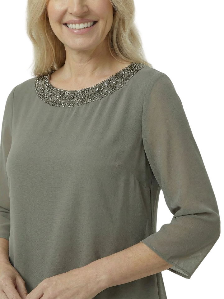 Elegant Chiffon Long Sleeves Asymmetric Beaded Wedding Pantsuits For Mother Of The Bride