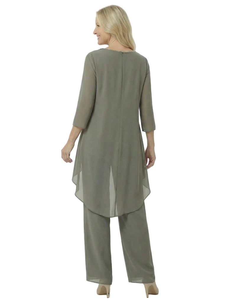 Elegant Chiffon Long Sleeves Asymmetric Beaded Wedding Pantsuits For Mother Of The Bride