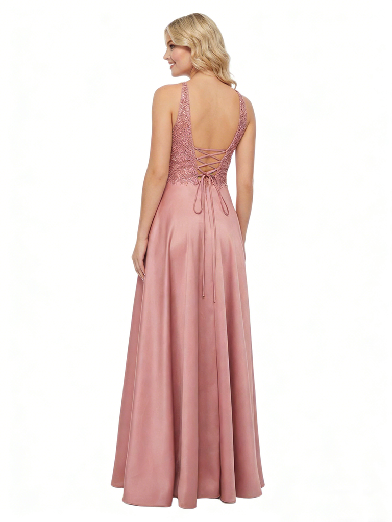 ChicSew Elegant V-neck Lace Appliques A-line Satin Formal Gown with High Slit