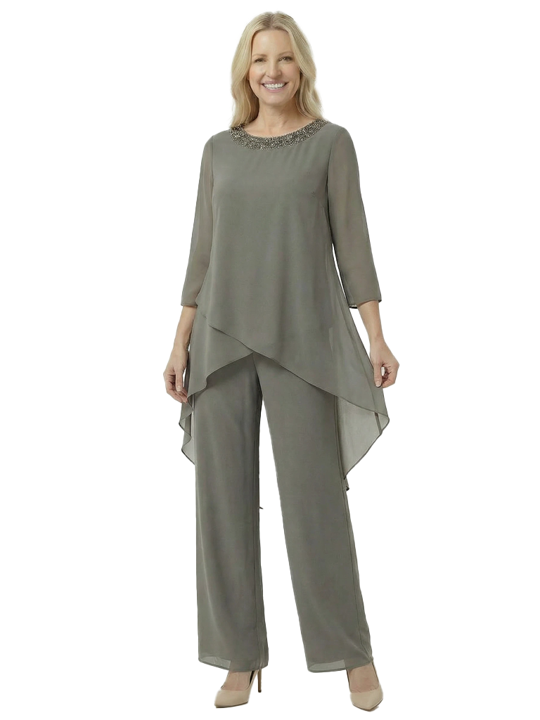 Elegant Chiffon Long Sleeves Asymmetric Beaded Wedding Pantsuits For Mother Of The Bride