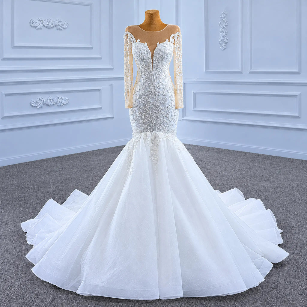 ChicSew Sparkly Illusion Long Sleeves Beaded Ball Gown Wedding Dress
